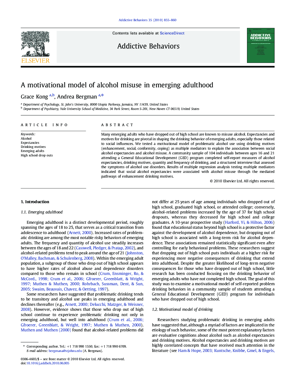 A motivational model of alcohol misuse in emerging adulthood