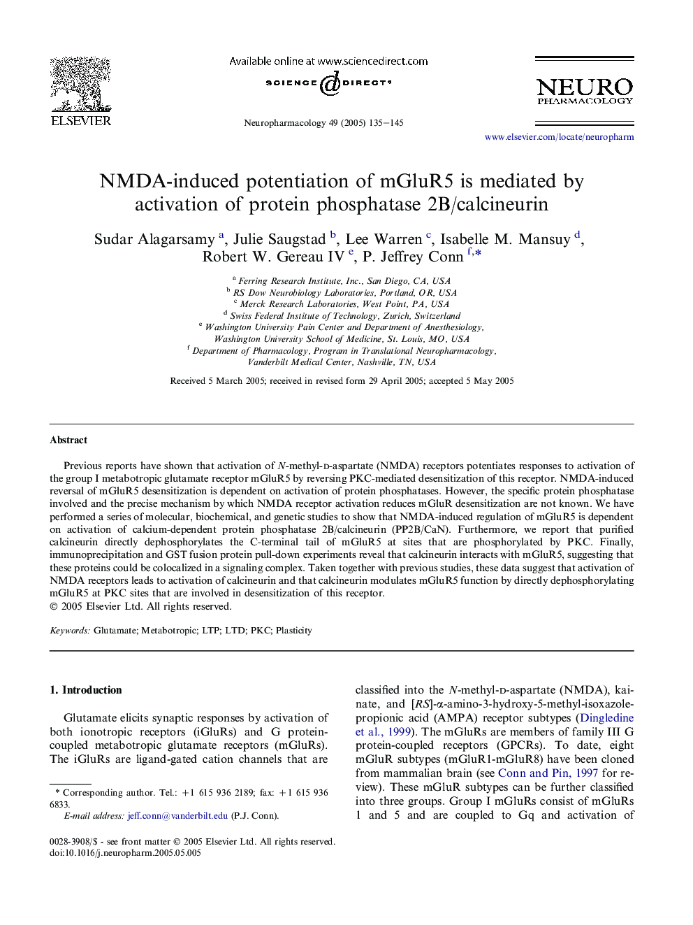 NMDA-induced potentiation of mGluR5 is mediated by activation of protein phosphatase 2B/calcineurin