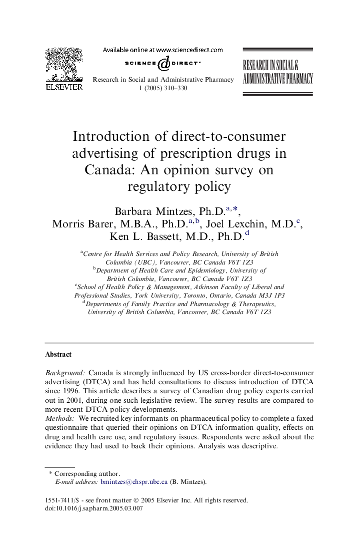 Introduction of direct-to-consumer advertising of prescription drugs in Canada: An opinion survey on regulatory policy