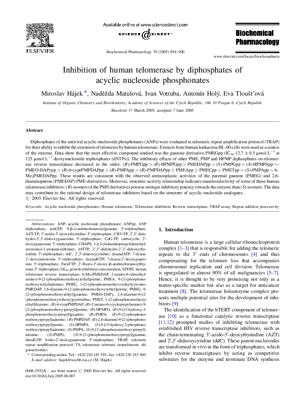 Inhibition of human telomerase by diphosphates of acyclic nucleoside phosphonates