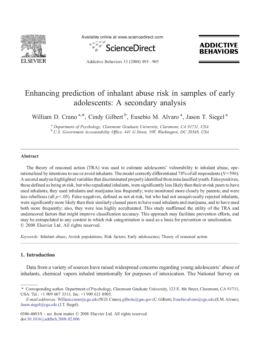 Enhancing prediction of inhalant abuse risk in samples of early adolescents: A secondary analysis