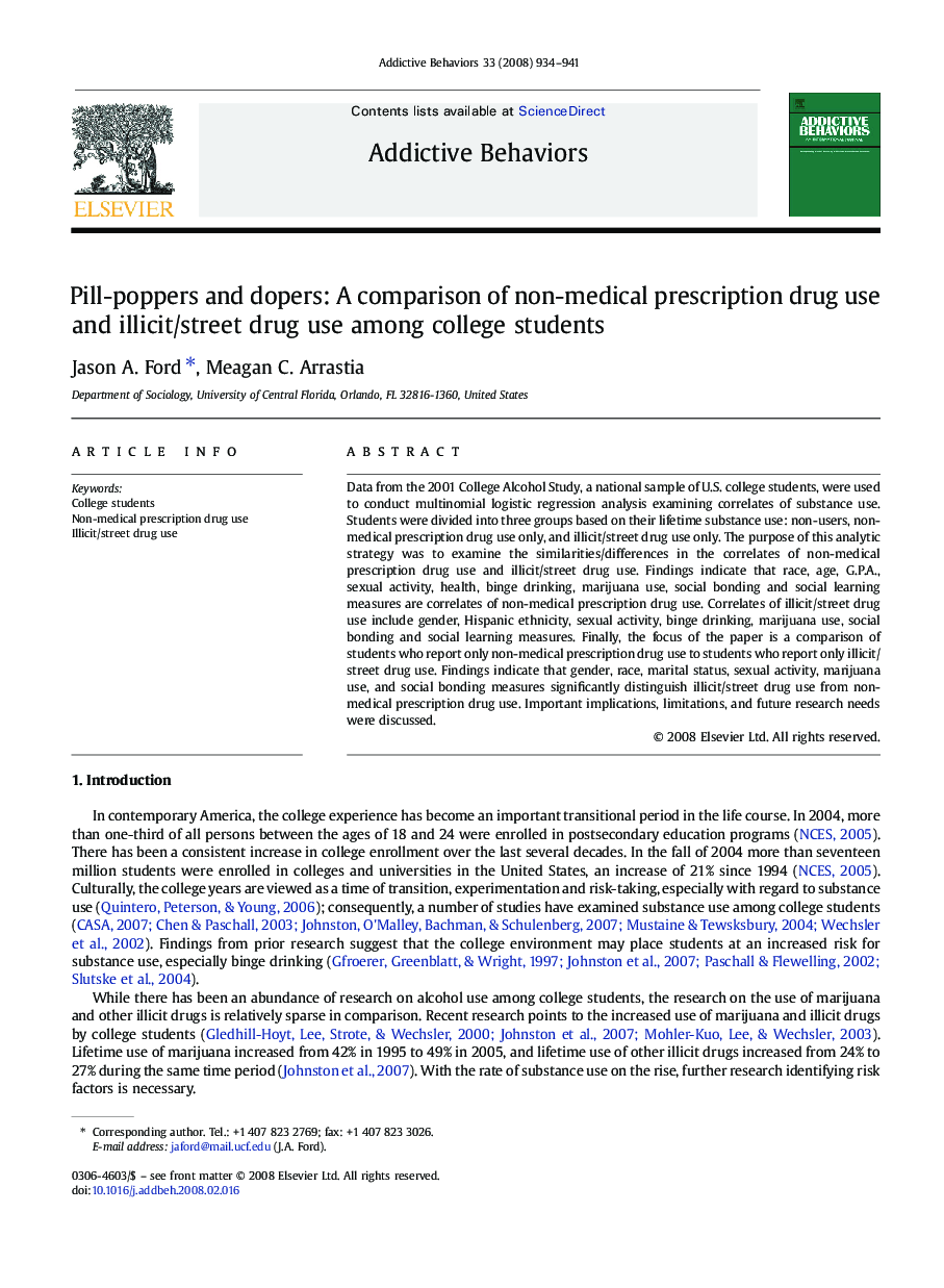 Pill-poppers and dopers: A comparison of non-medical prescription drug use and illicit/street drug use among college students