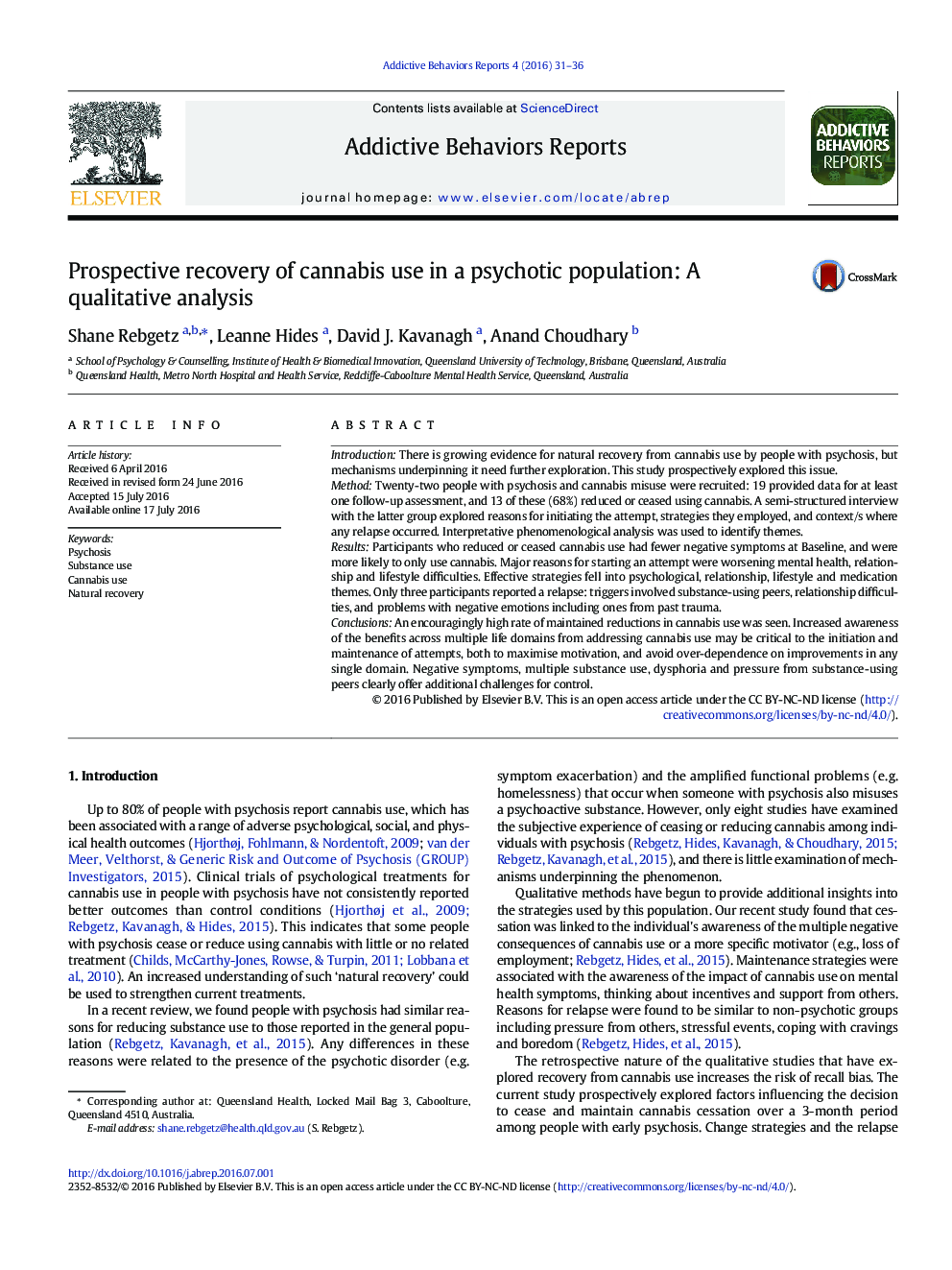 بازیابی آینده نگر از مصرف کانابیس در یک جمعیت روانی: تجزیه و تحلیل کیفی