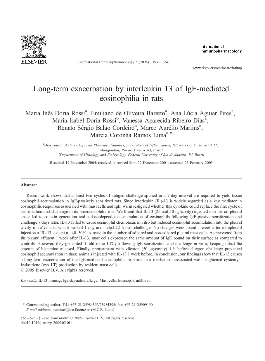 Long-term exacerbation by interleukin 13 of IgE-mediated eosinophilia in rats