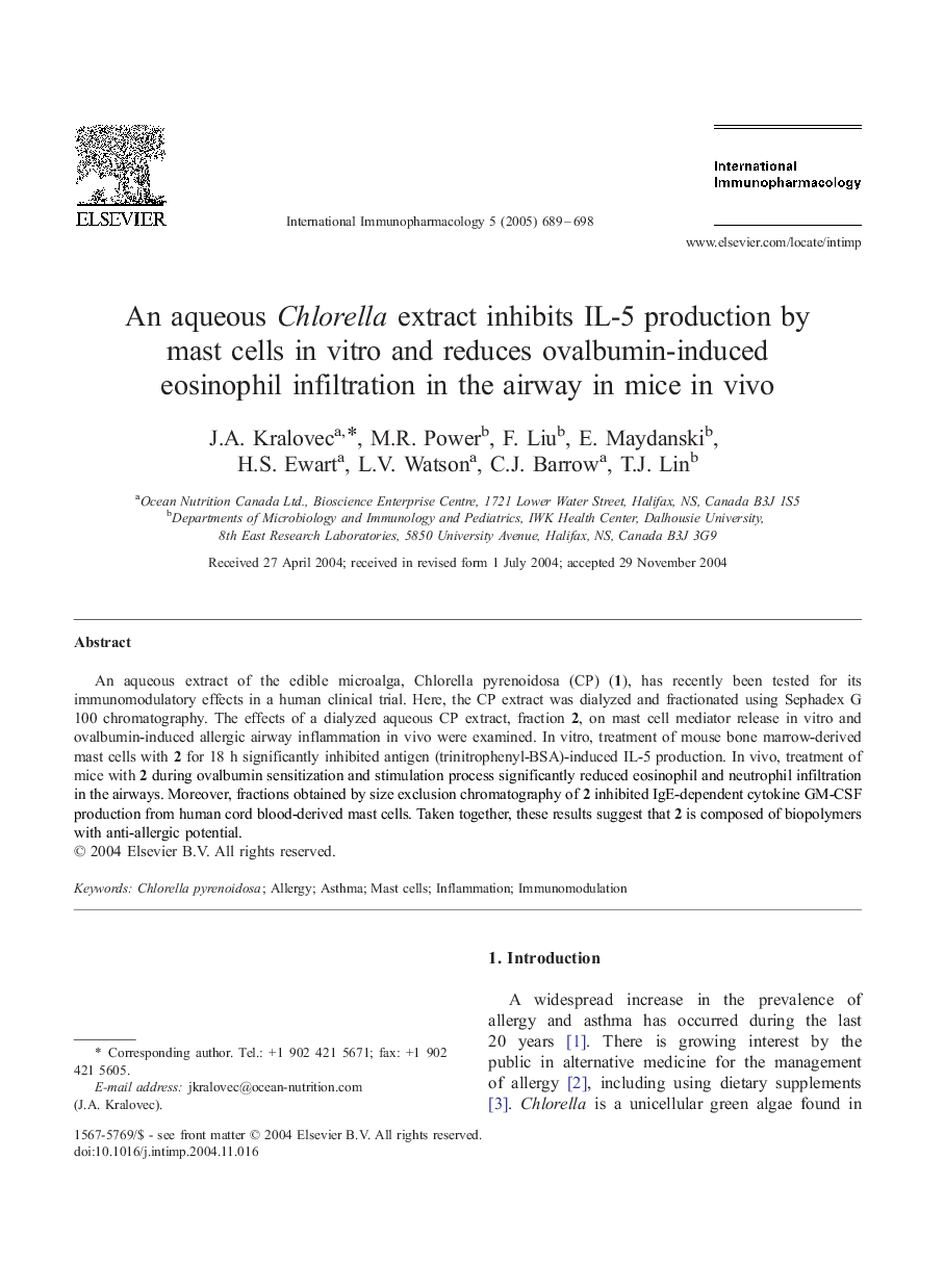 An aqueous Chlorella extract inhibits IL-5 production by mast cells in vitro and reduces ovalbumin-induced eosinophil infiltration in the airway in mice in vivo