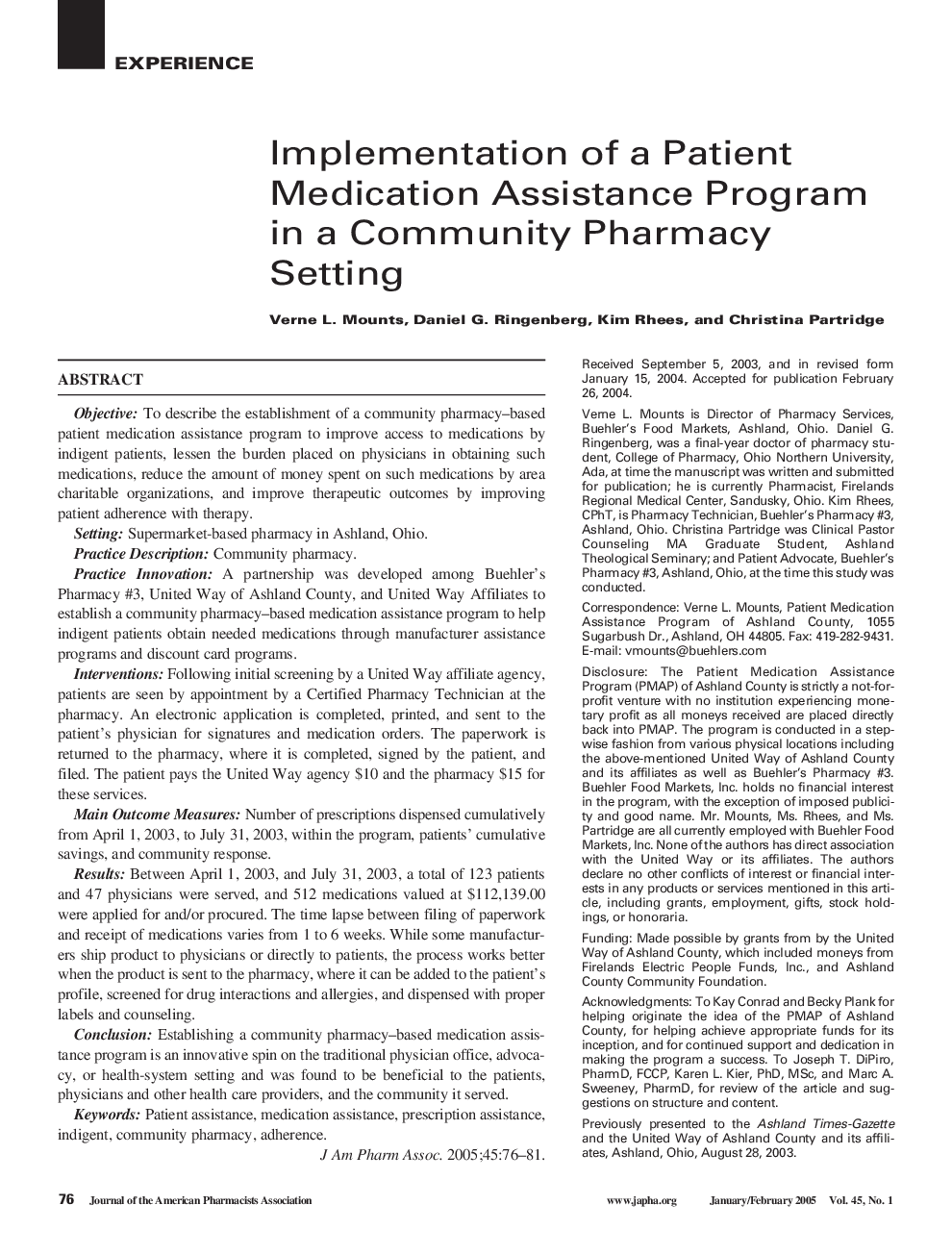 Implementation of a Patient Medication Assistance Program in a Community Pharmacy Setting