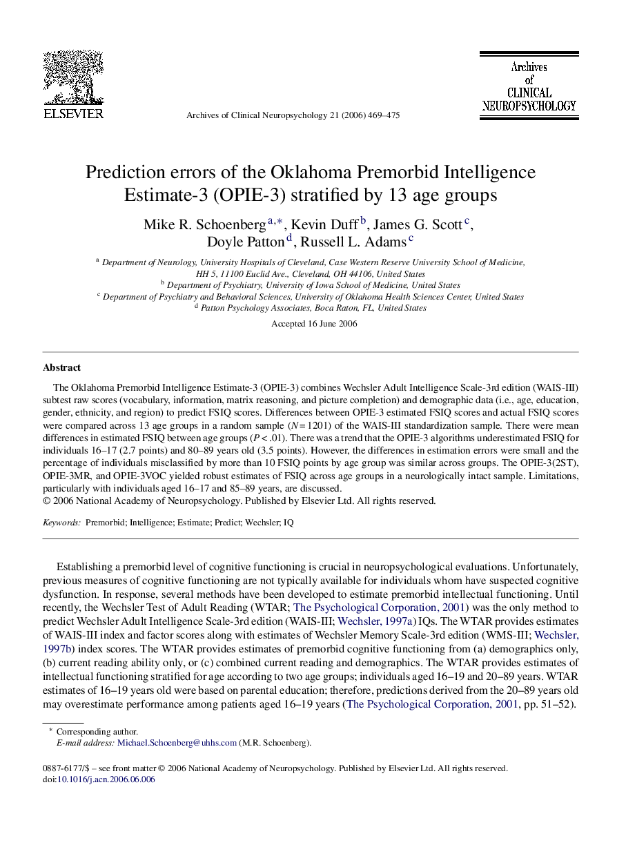 Prediction errors of the Oklahoma Premorbid Intelligence Estimate-3 (OPIE-3) stratified by 13 age groups