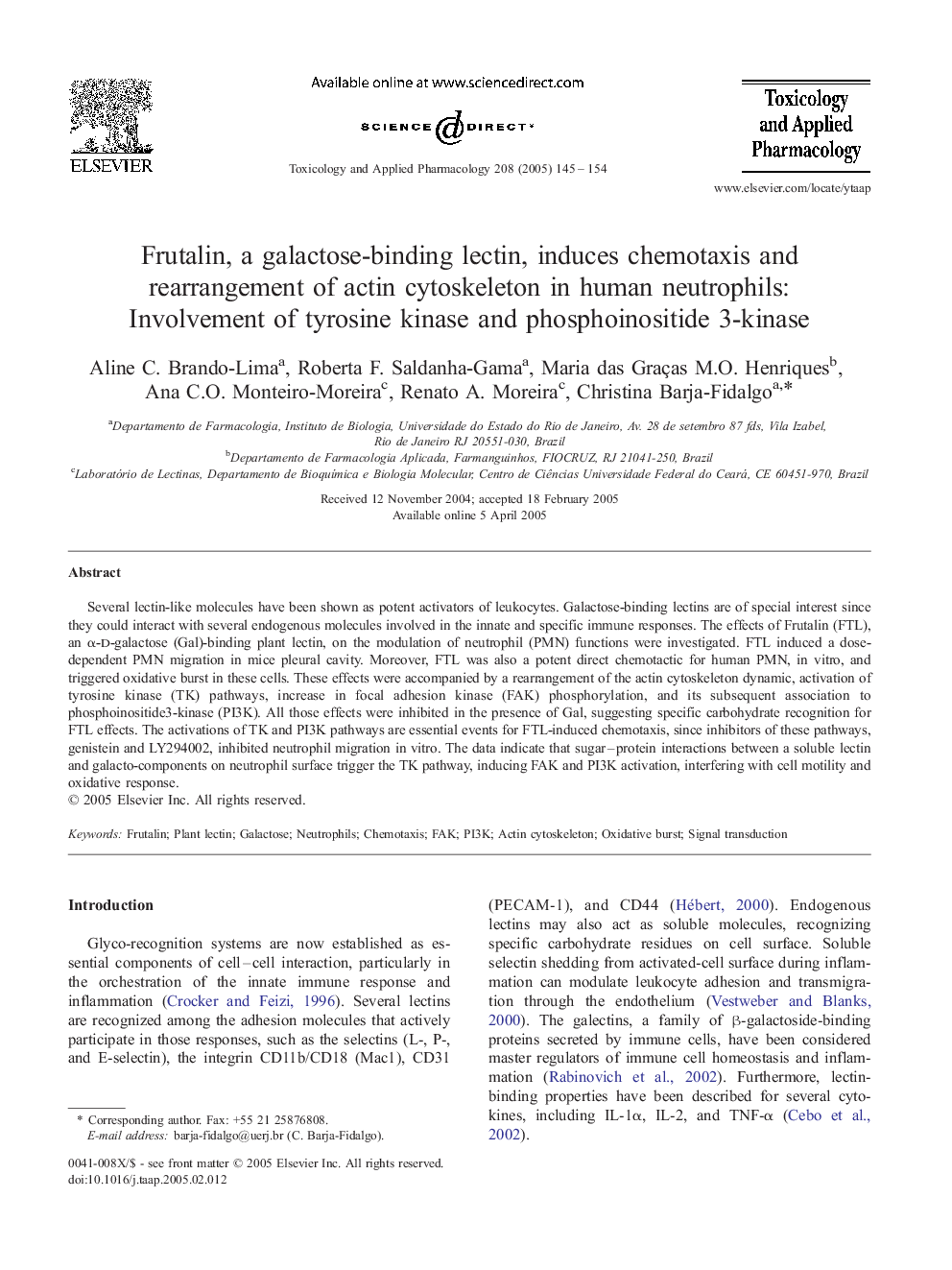 Frutalin, a galactose-binding lectin, induces chemotaxis and rearrangement of actin cytoskeleton in human neutrophils: Involvement of tyrosine kinase and phosphoinositide 3-kinase