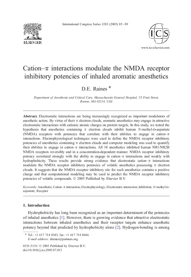 Cation-Ï interactions modulate the NMDA receptor inhibitory potencies of inhaled aromatic anesthetics