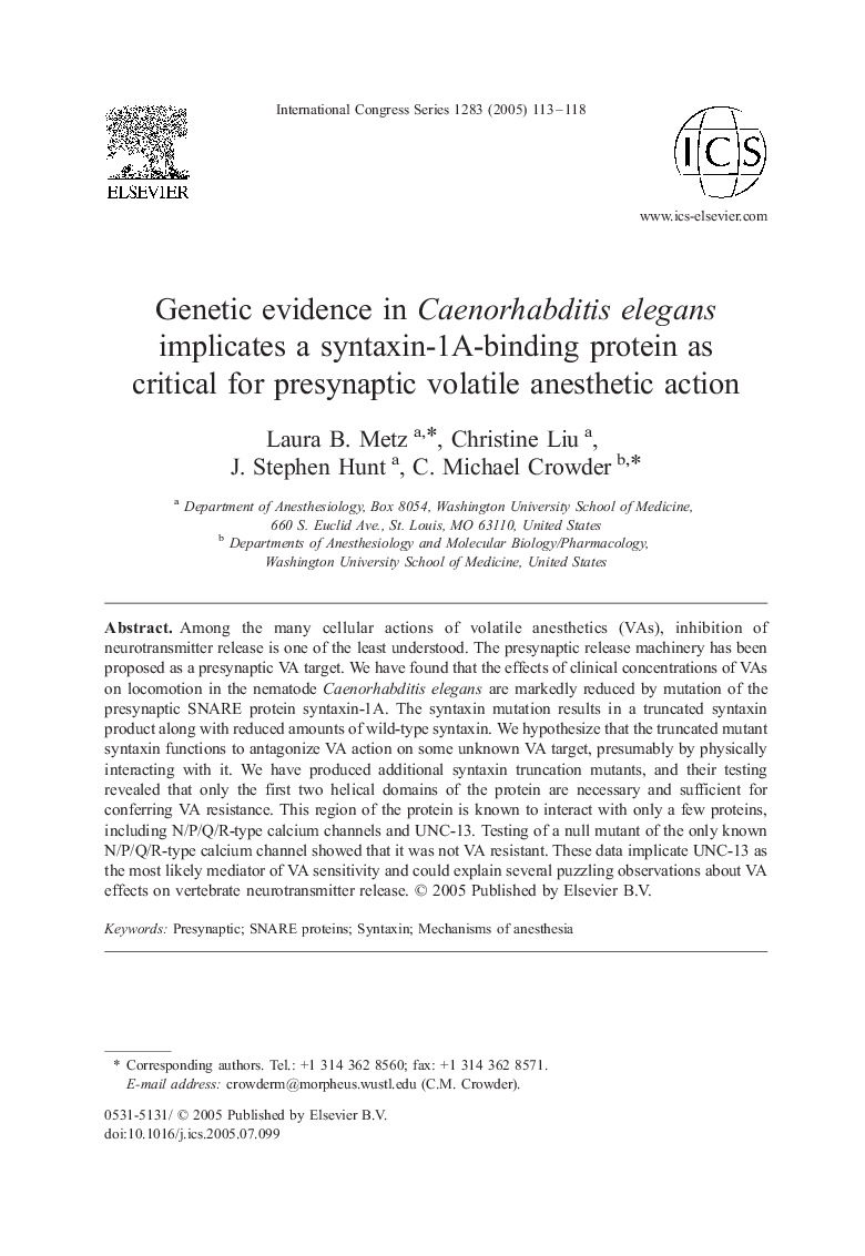 Genetic evidence in Caenorhabditis elegans implicates a syntaxin-1A-binding protein as critical for presynaptic volatile anesthetic action