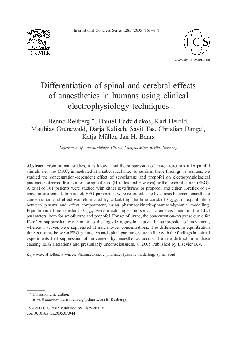 Differentiation of spinal and cerebral effects of anaesthetics in humans using clinical electrophysiology techniques