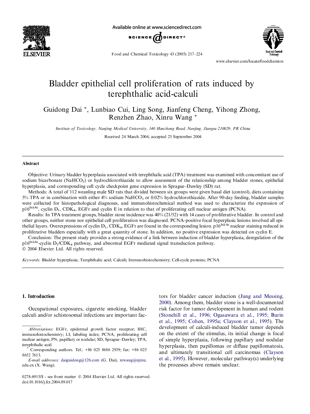 Bladder epithelial cell proliferation of rats induced by terephthalic acid-calculi