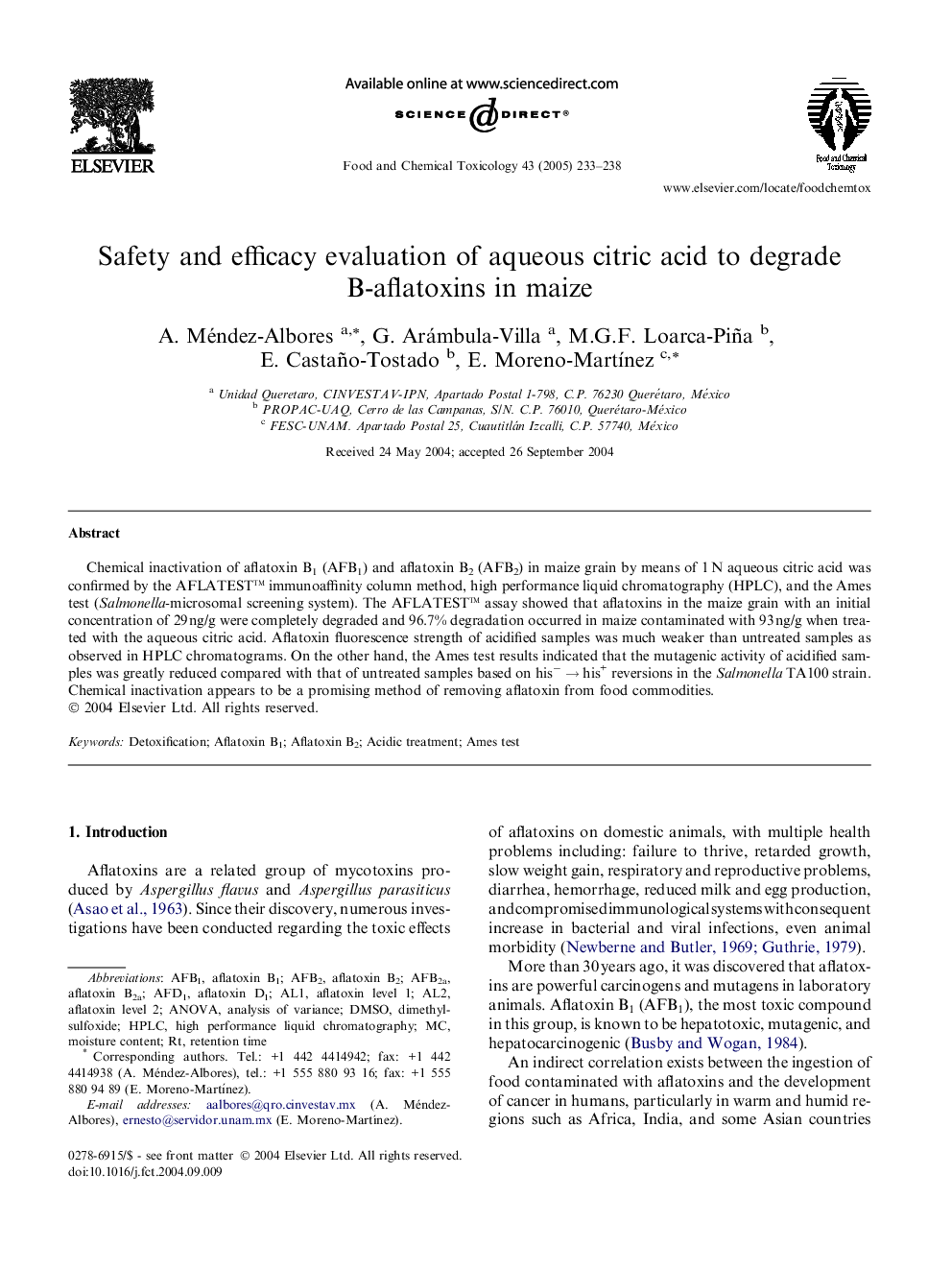 Safety and efficacy evaluation of aqueous citric acid to degrade B-aflatoxins in maize