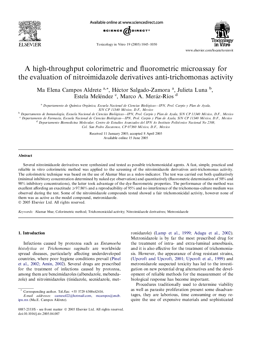 A high-throughput colorimetric and fluorometric microassay for the evaluation of nitroimidazole derivatives anti-trichomonas activity