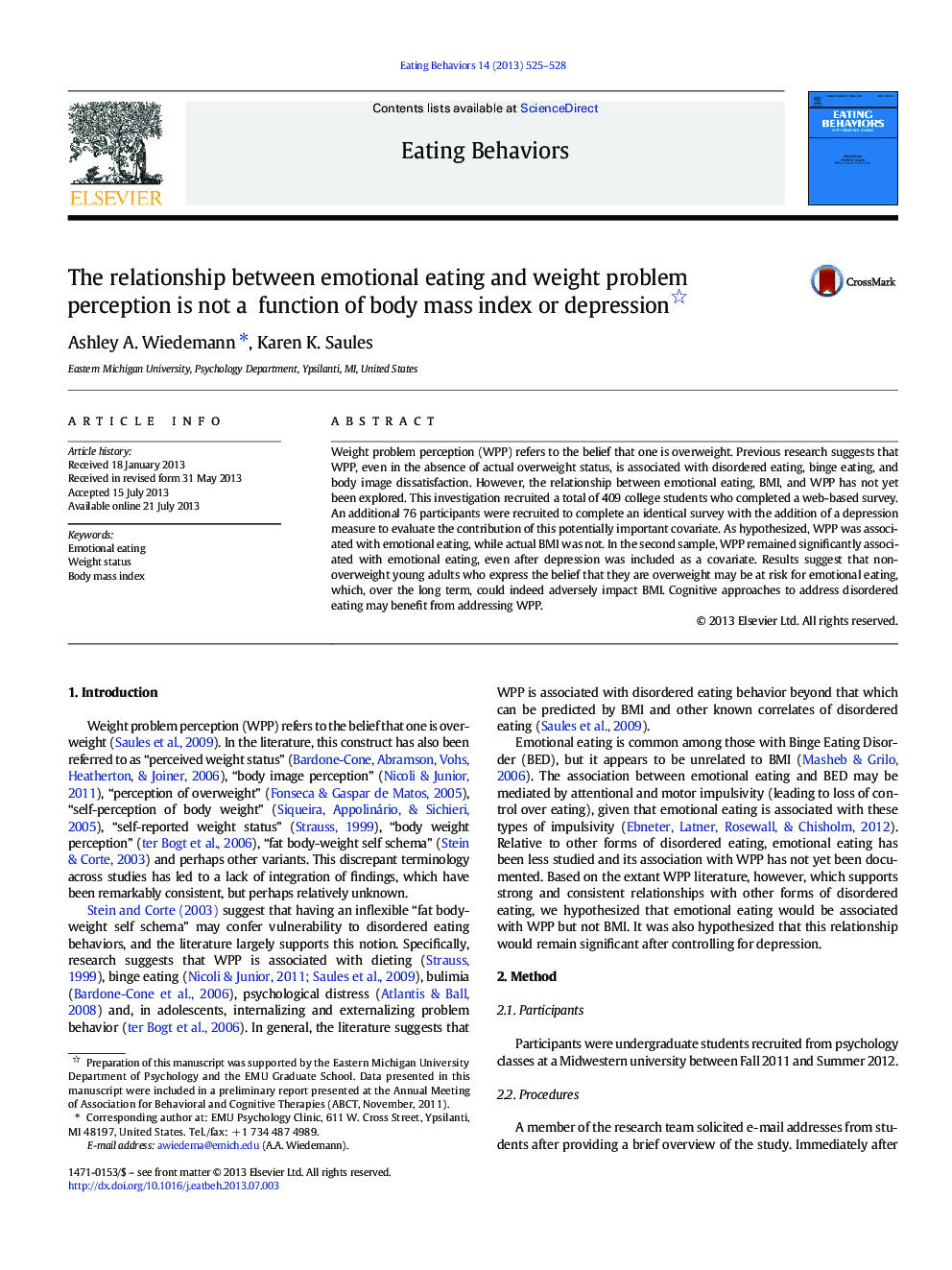 The relationship between emotional eating and weight problem perception is not a function of body mass index or depression 