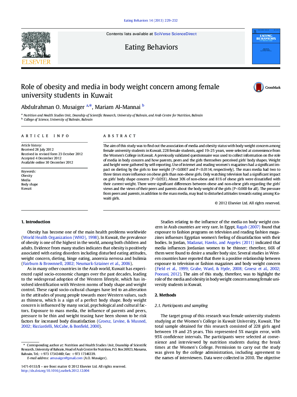 Role of obesity and media in body weight concern among female university students in Kuwait