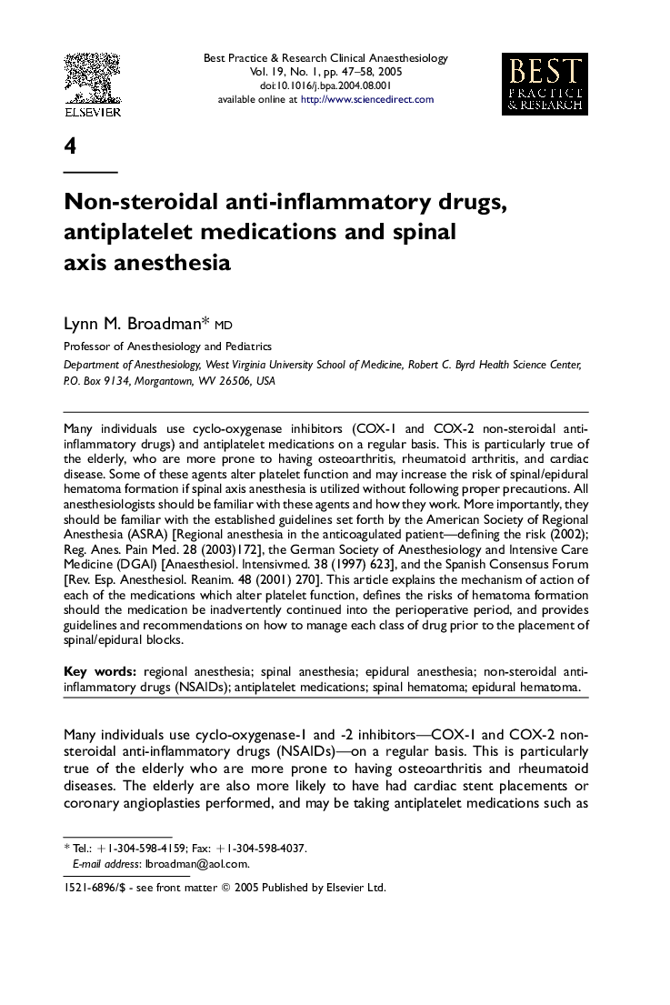 Non-steroidal anti-inflammatory drugs, antiplatelet medications and spinal axis anesthesia