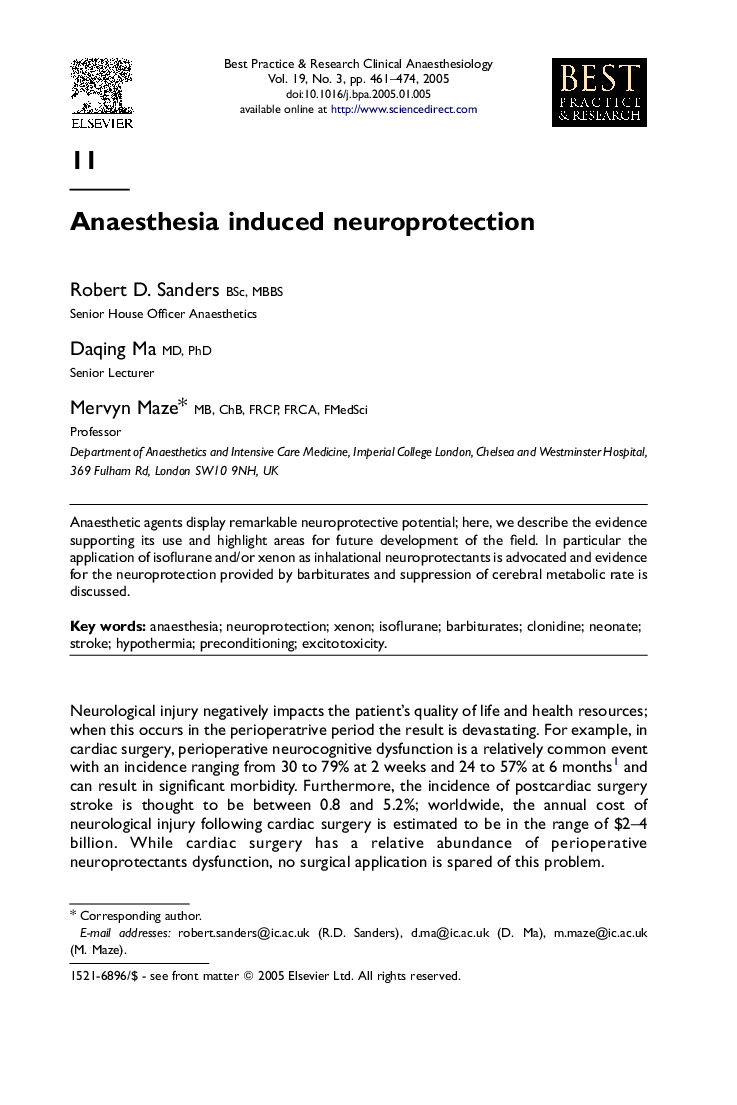Anaesthesia induced neuroprotection