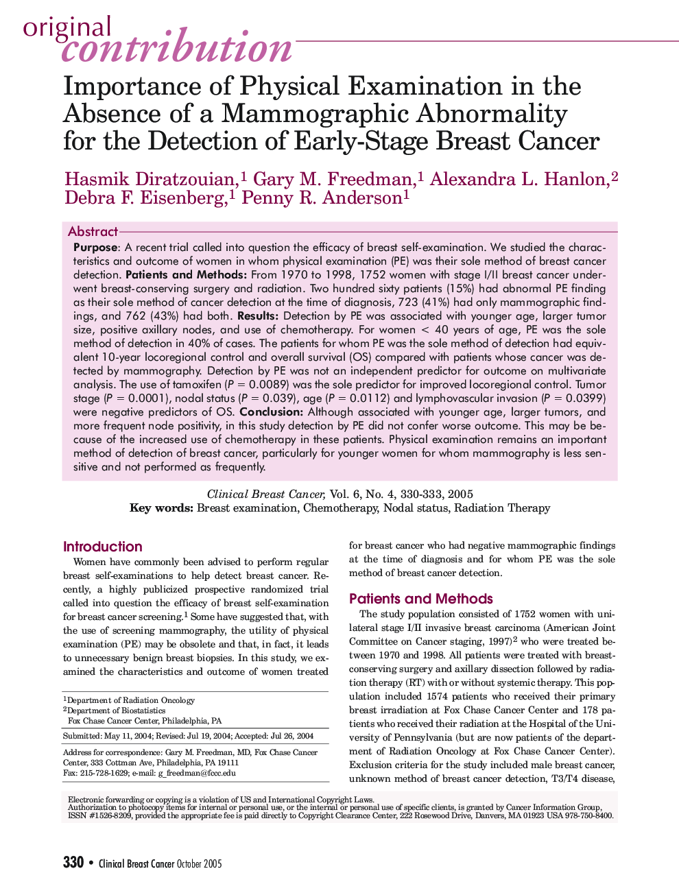 Importance of Physical Examination in the Absence of a Mammographic Abnormality for the Detection of Early-Stage Breast Cancer