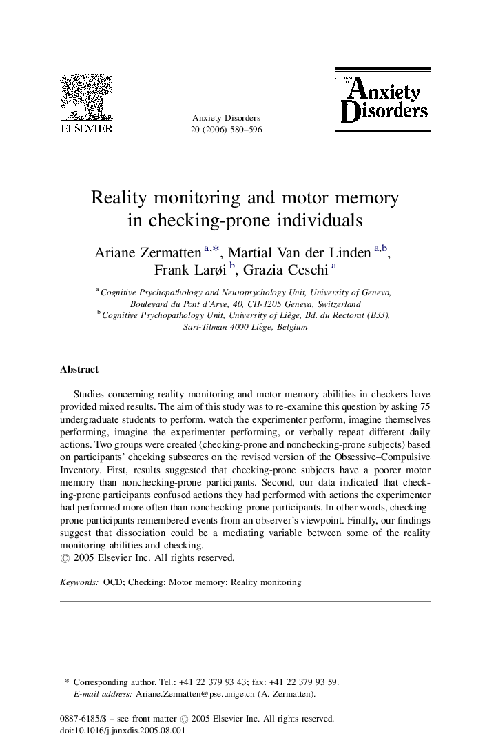 Reality monitoring and motor memory in checking-prone individuals