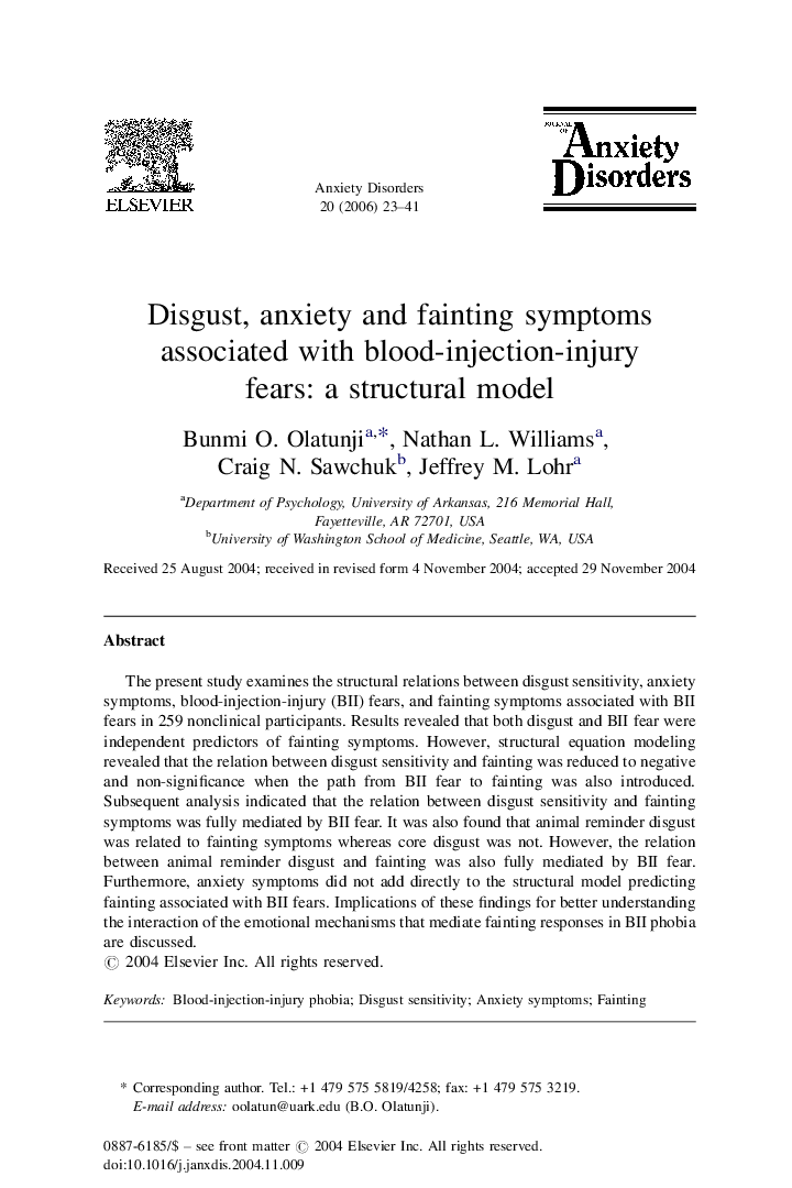 Disgust, anxiety and fainting symptoms associated with blood-injection-injury fears: a structural model