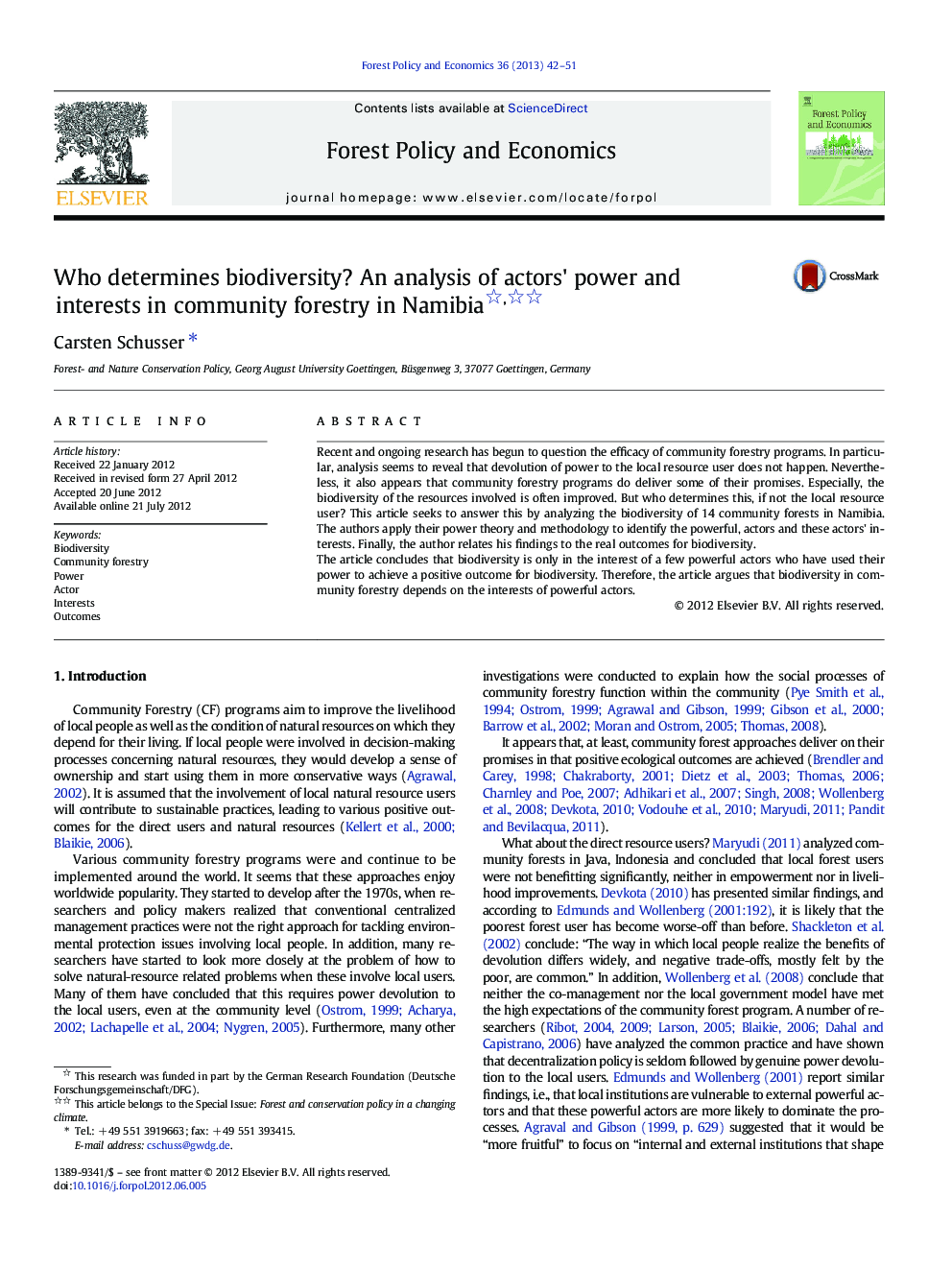 Who determines biodiversity? An analysis of actors' power and interests in community forestry in Namibia 