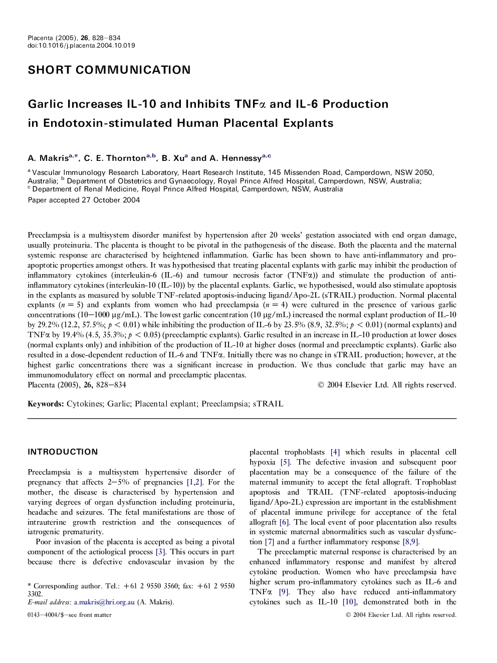 Garlic increases IL-10 and inhibits TNFÎ± and IL-6 production in endotoxin-stimulated human placental explants