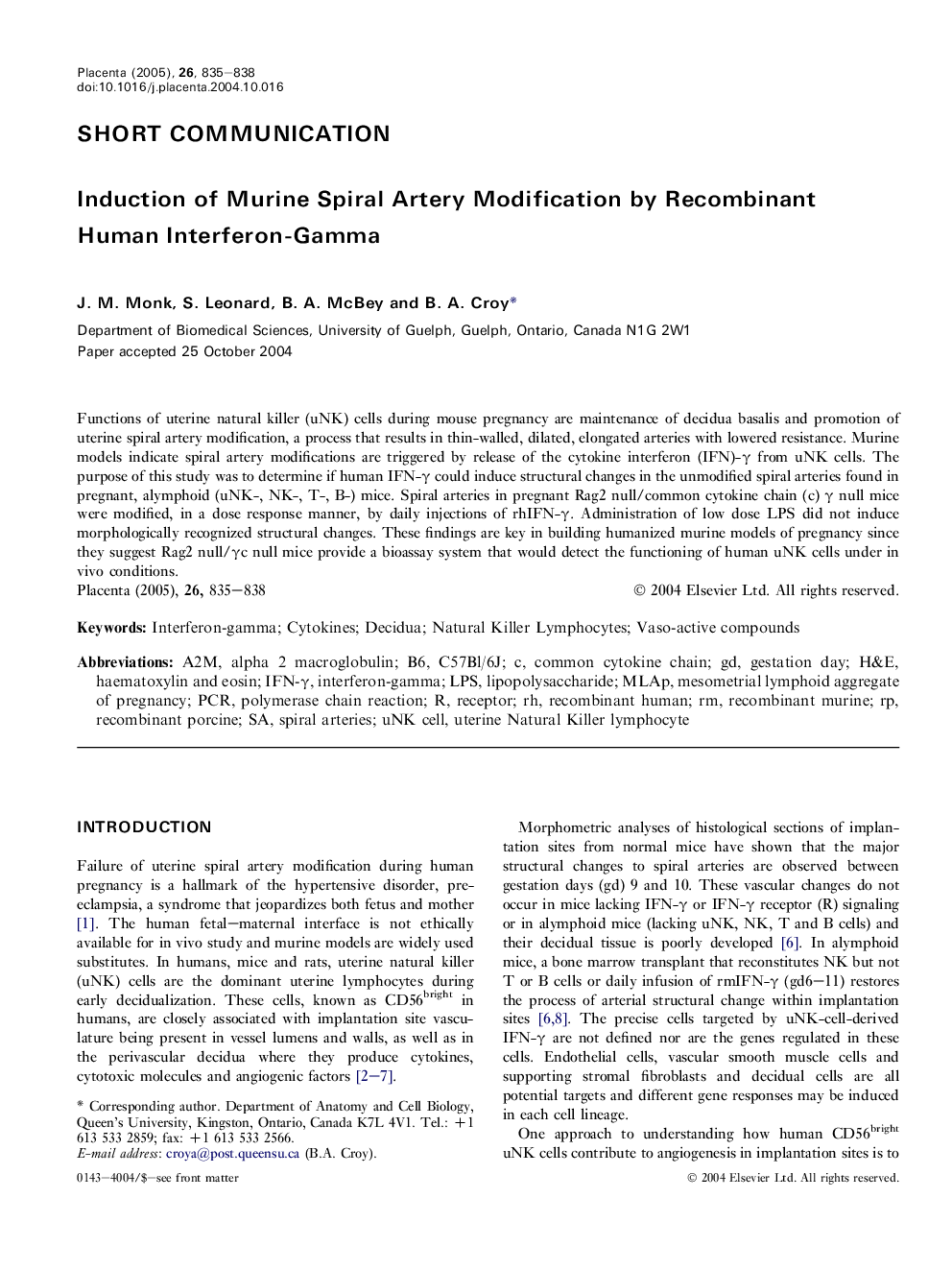 Induction of murine spiral artery modification by recombinant human interferon-gamma