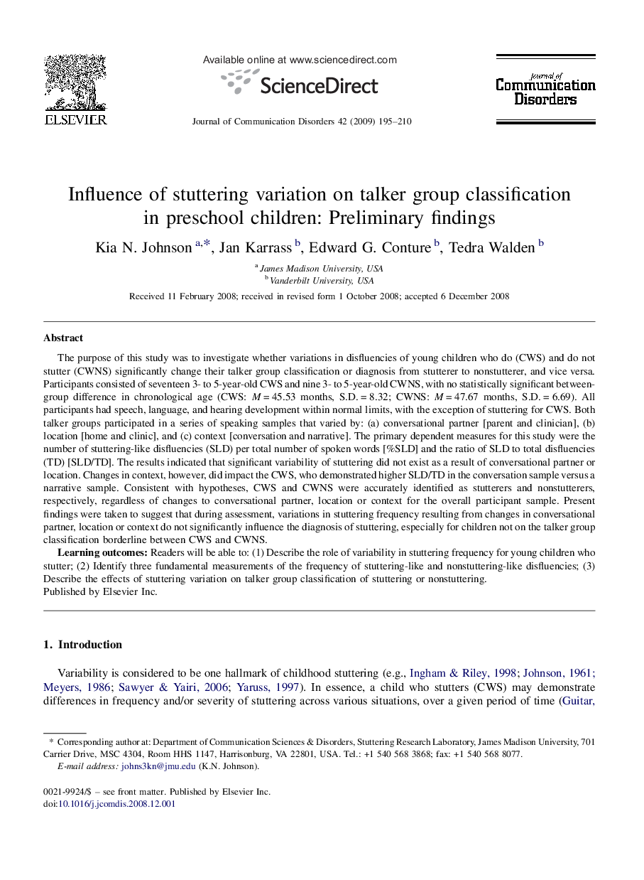 Influence of stuttering variation on talker group classification in preschool children: Preliminary findings