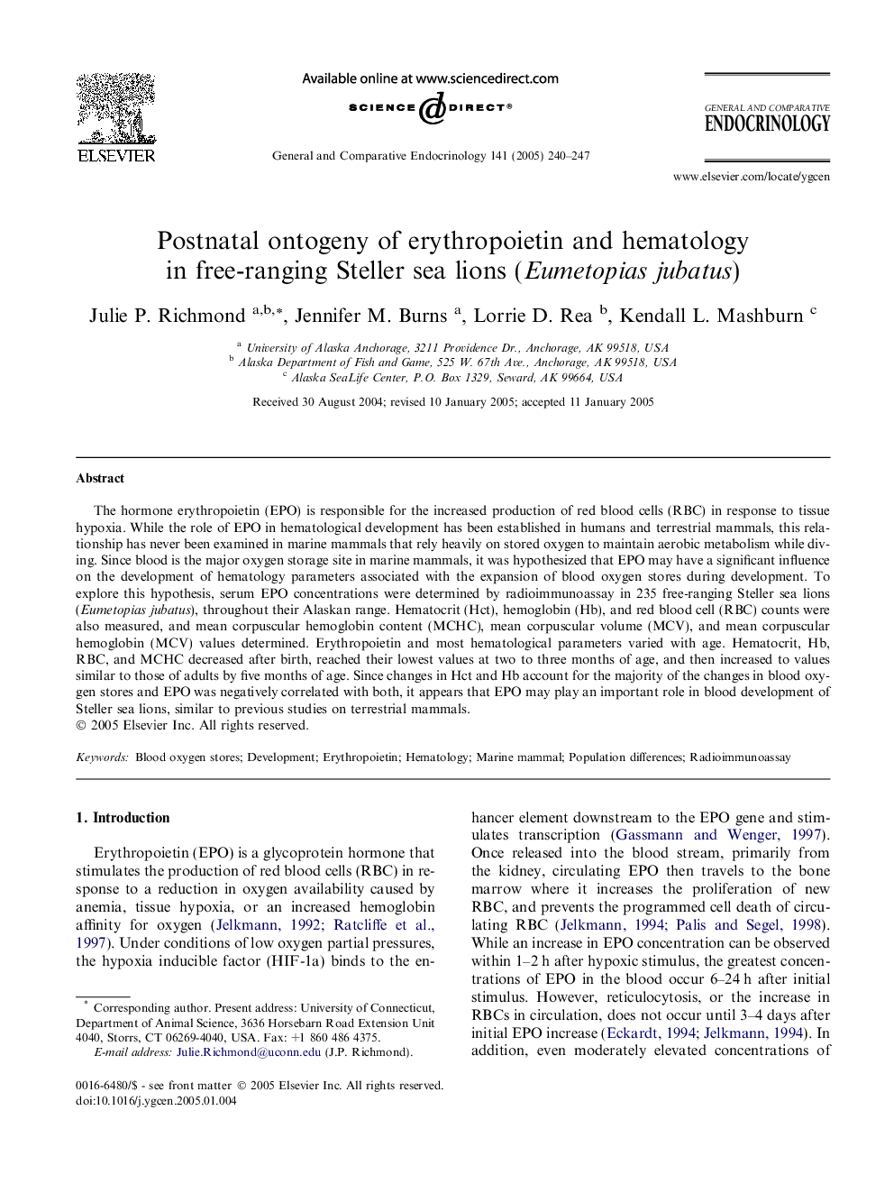Postnatal ontogeny of erythropoietin and hematology in free-ranging Steller sea lions (Eumetopias jubatus)