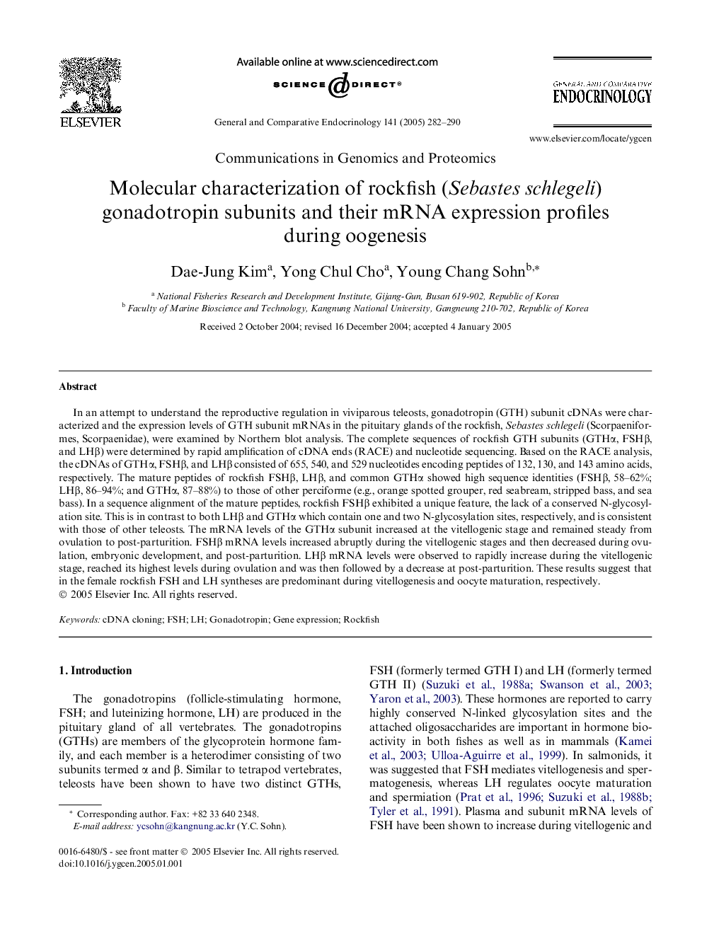 Molecular characterization of rockfish (Sebastes schlegeli) gonadotropin subunits and their mRNA expression profiles during oogenesis