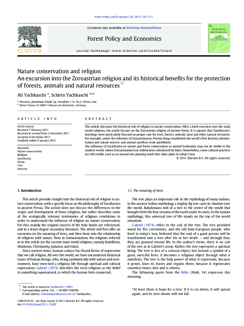 Nature conservation and religion : An excursion into the Zoroastrian religion and its historical benefits for the protection of forests, animals and natural resources