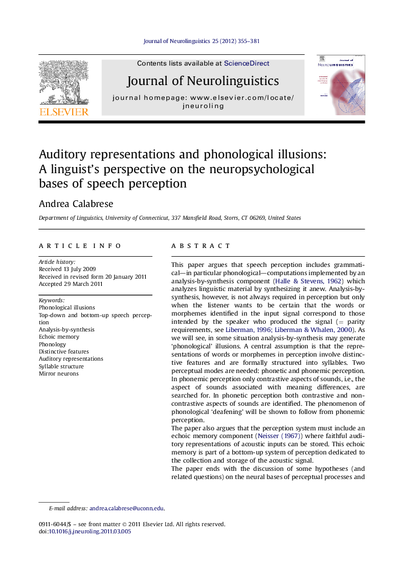 Auditory representations and phonological illusions: A linguist’s perspective on the neuropsychological bases of speech perception