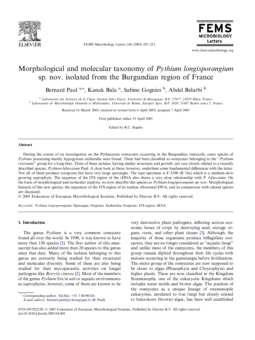 Morphological and molecular taxonomy of Pythium longisporangium sp. nov. isolated from the Burgundian region of France