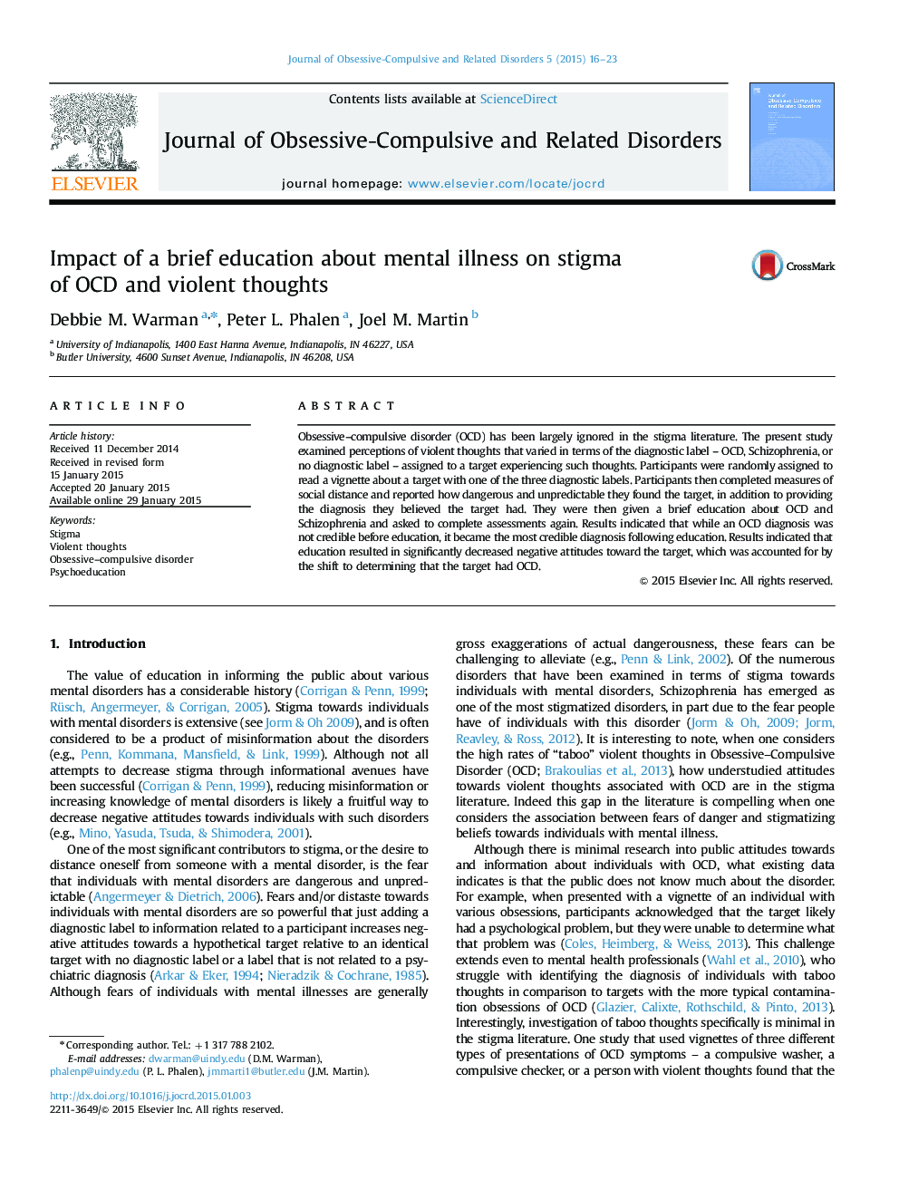 Impact of a brief education about mental illness on stigma of OCD and violent thoughts