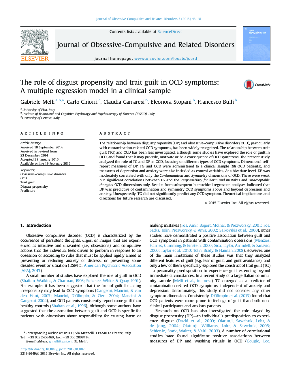 The role of disgust propensity and trait guilt in OCD symptoms: A multiple regression model in a clinical sample