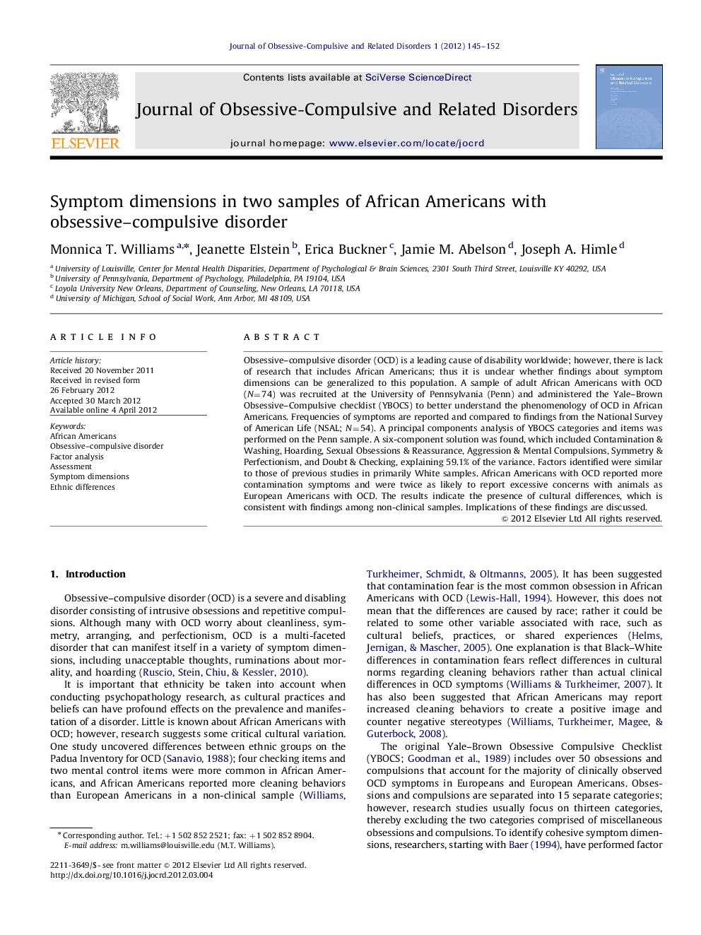 Symptom dimensions in two samples of African Americans with obsessive–compulsive disorder