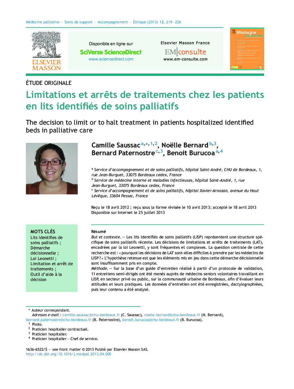 Limitations et arrÃªts de traitements chez les patients en lits identifiés de soins palliatifs