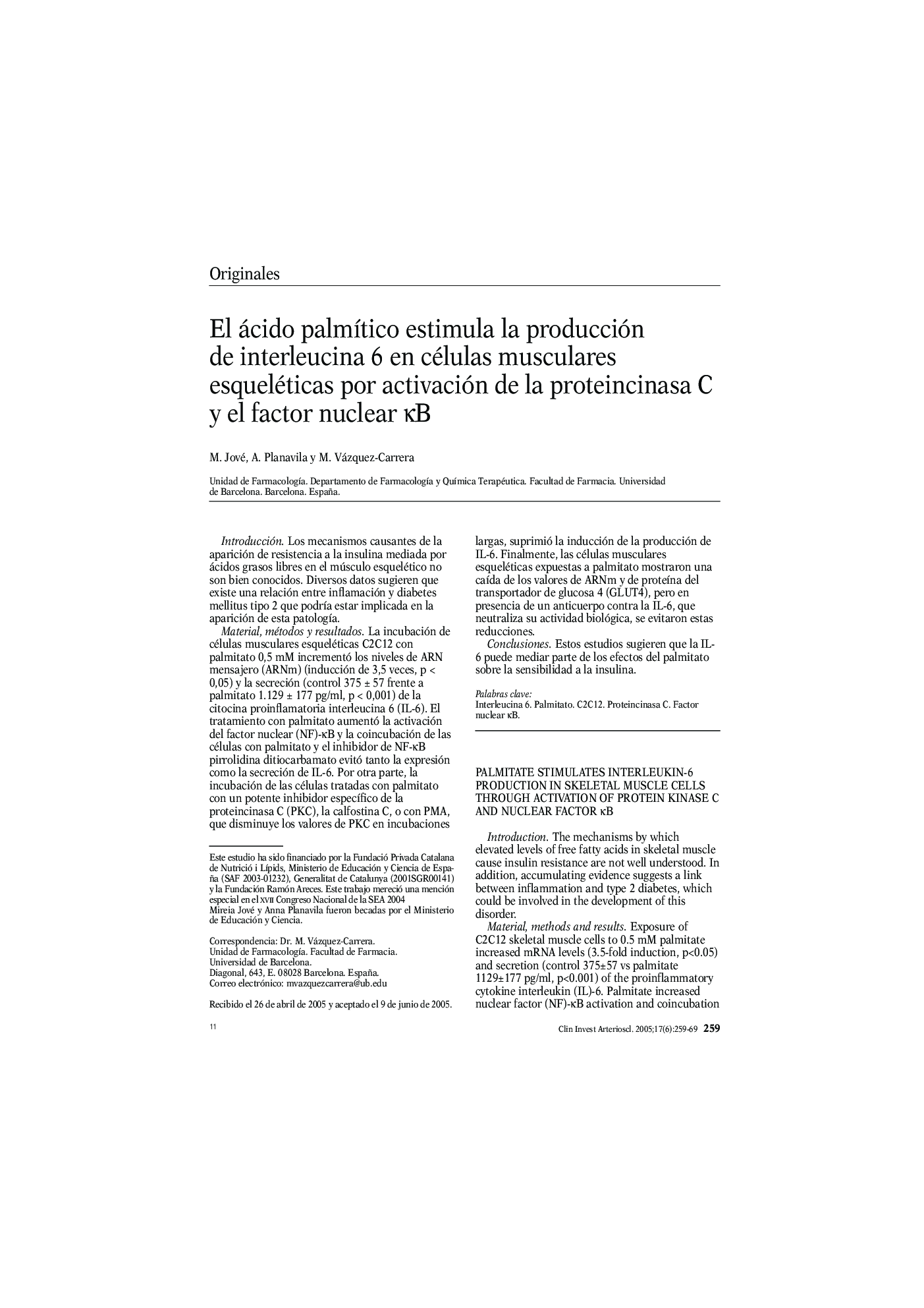 El ácido palmÃ­tico estimula la producción de interleucina 6 en células musculares esqueléticas por activación de la proteincinasa C y el factor nuclear ÎºB