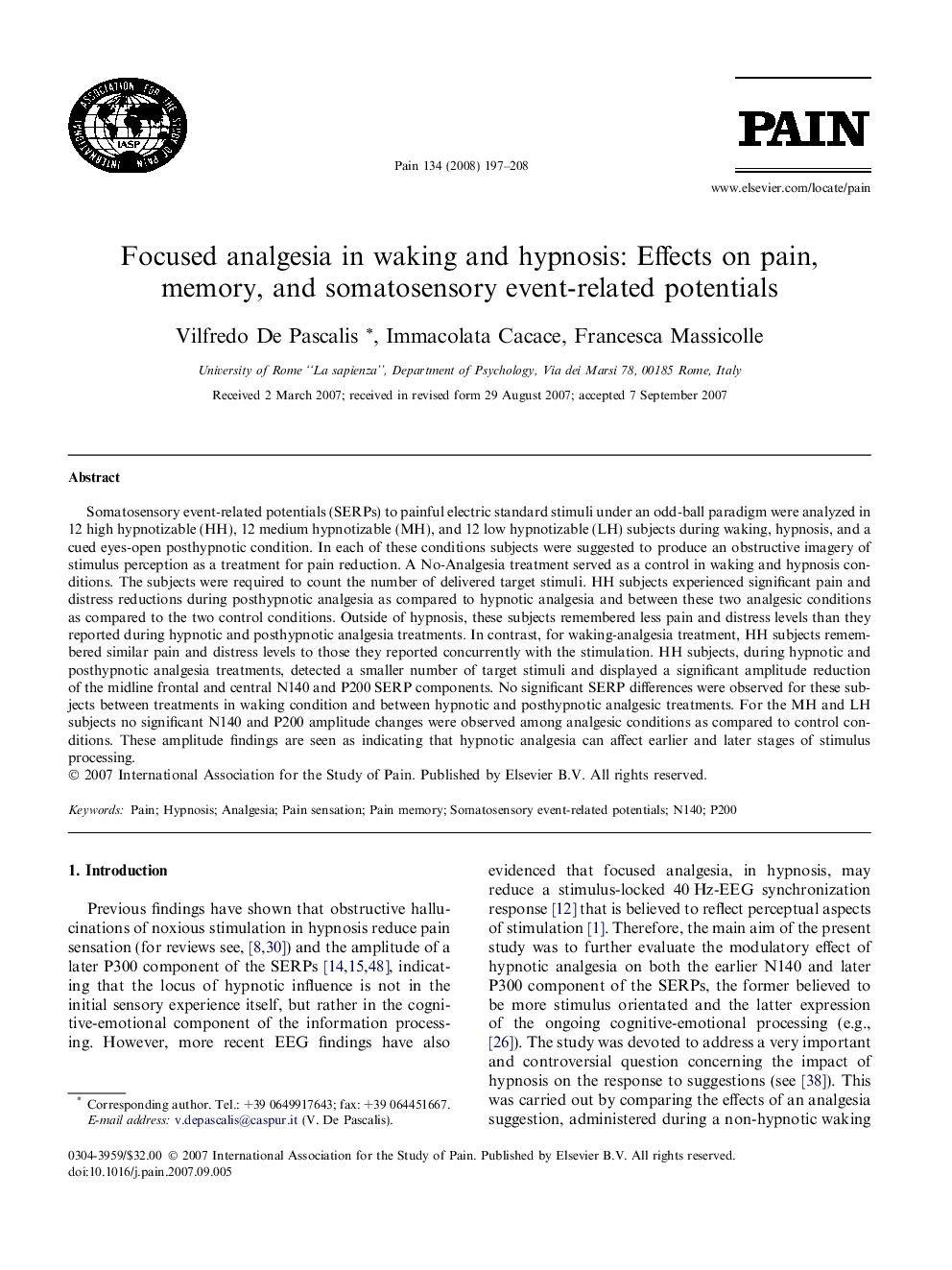 Focused analgesia in waking and hypnosis: Effects on pain, memory, and somatosensory event-related potentials