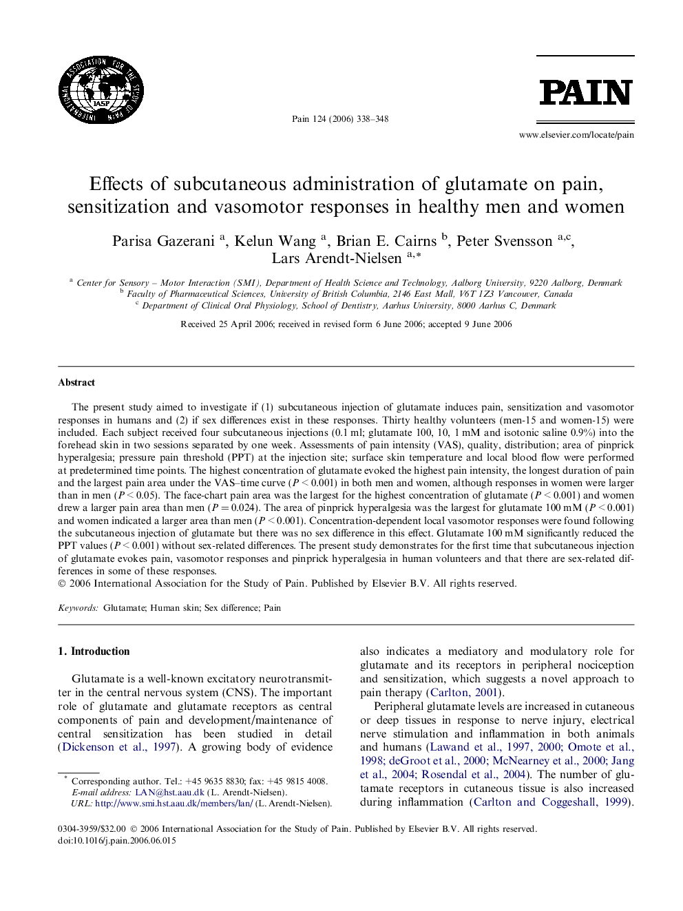 Effects of subcutaneous administration of glutamate on pain, sensitization and vasomotor responses in healthy men and women