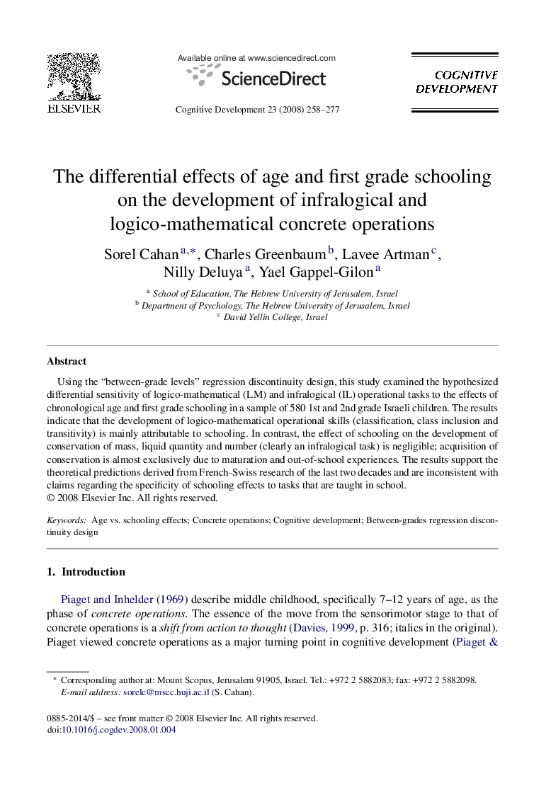 The differential effects of age and first grade schooling on the development of infralogical and logico-mathematical concrete operations
