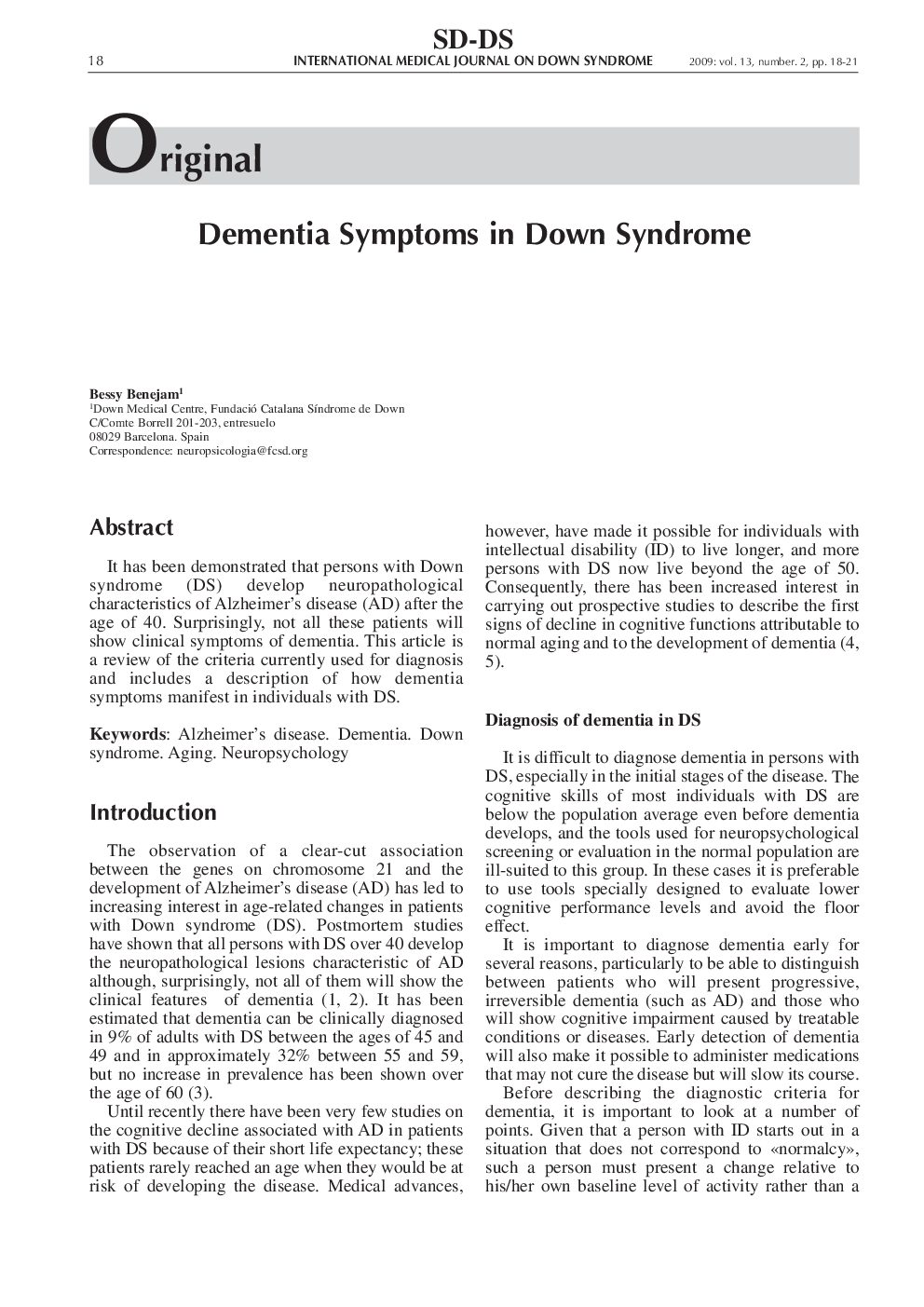 Dementia Symptoms in Down Syndrome