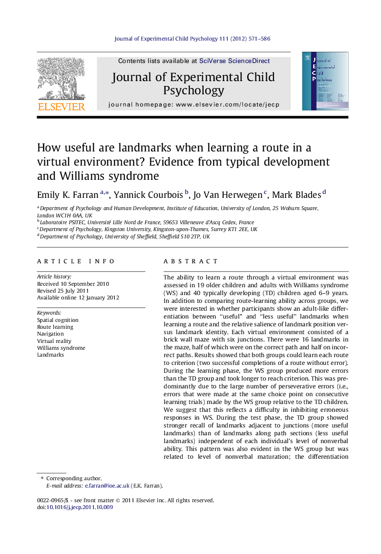 How useful are landmarks when learning a route in a virtual environment? Evidence from typical development and Williams syndrome