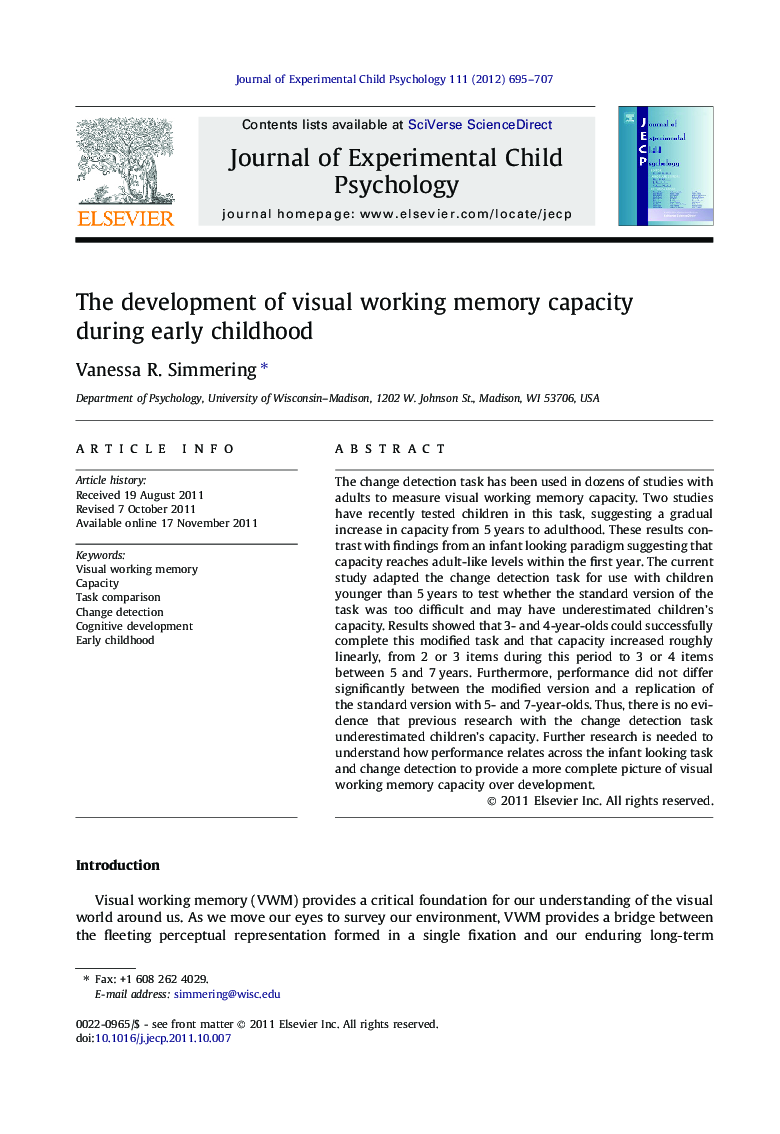 The development of visual working memory capacity during early childhood