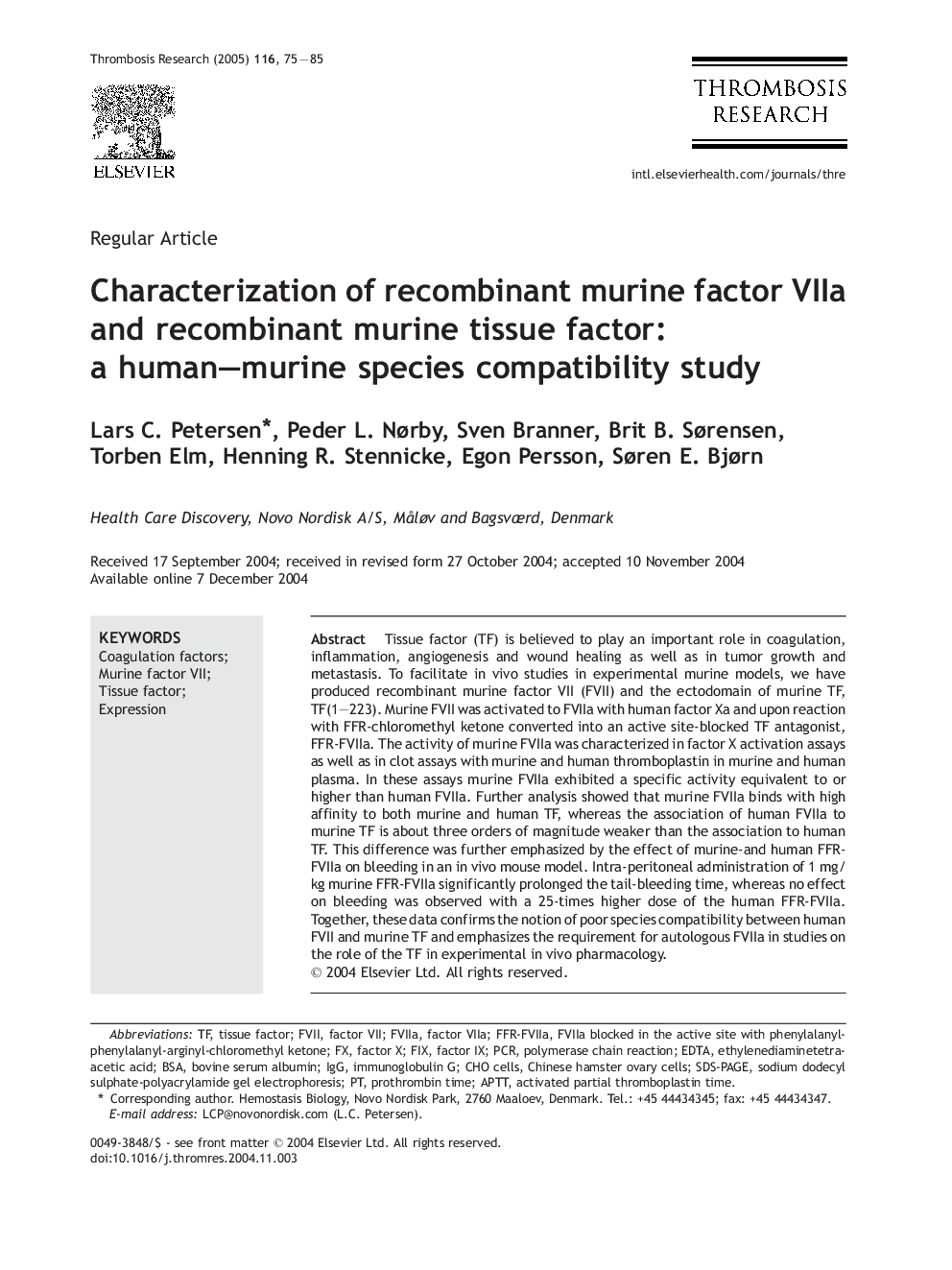 Characterization of recombinant murine factor VIIa and recombinant murine tissue factor: a human-murine species compatibility study