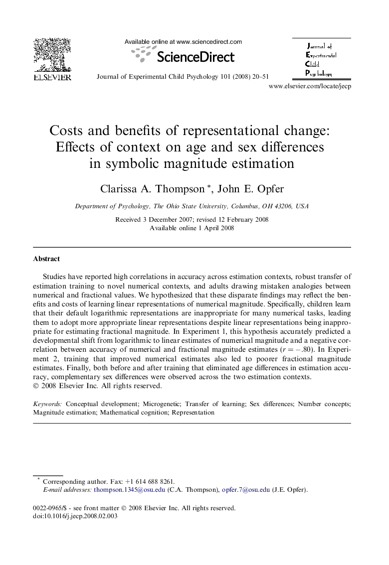 Costs and benefits of representational change: Effects of context on age and sex differences in symbolic magnitude estimation