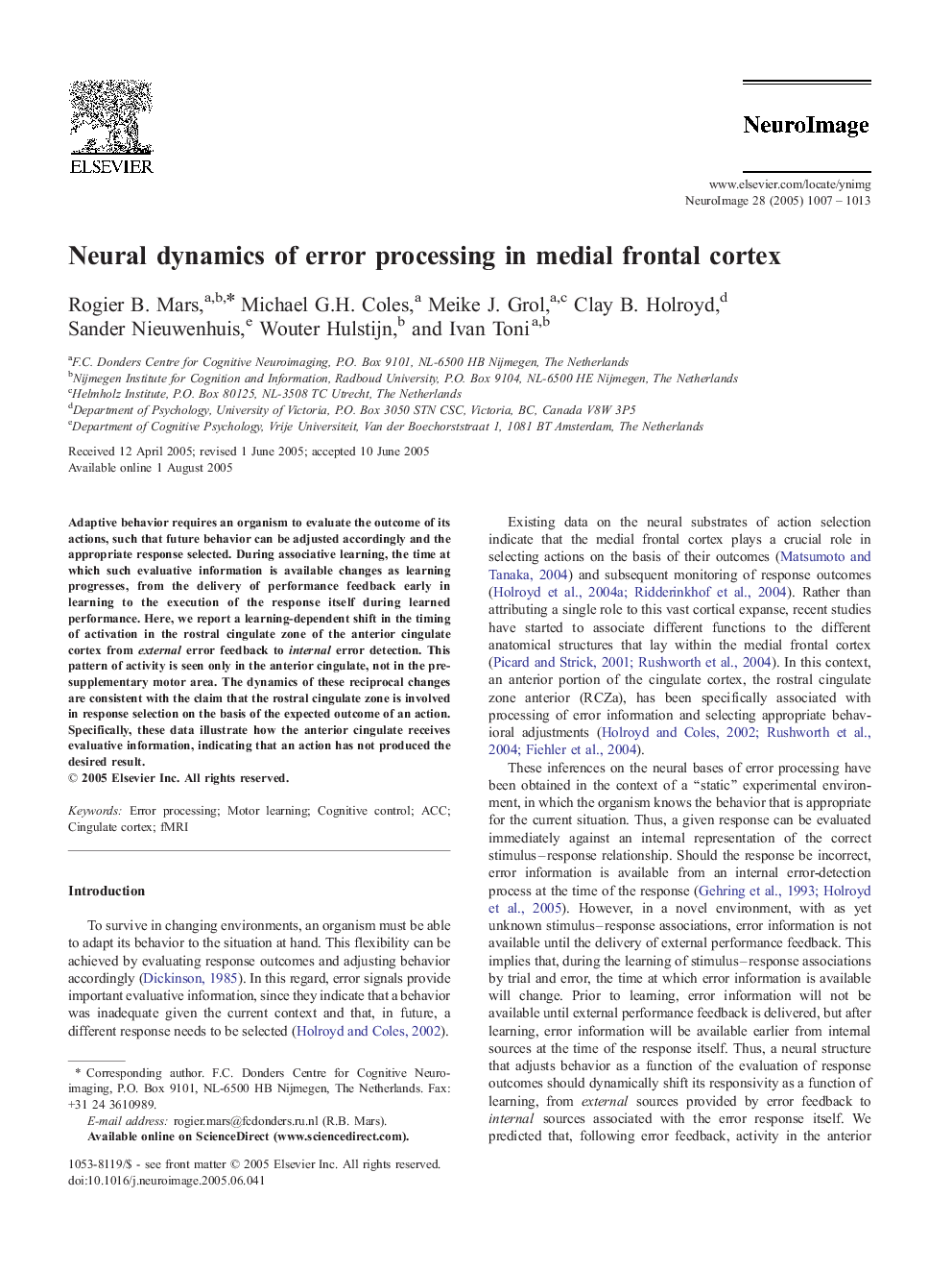 Neural dynamics of error processing in medial frontal cortex