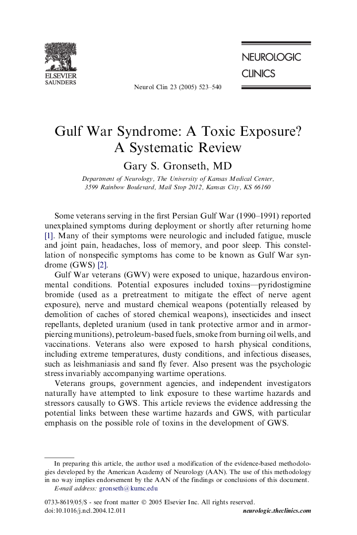 Gulf War Syndrome: A Toxic Exposure? A Systematic Review