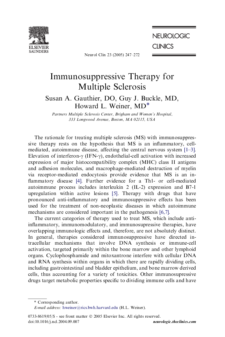 Immunosuppressive therapy for multiple sclerosis